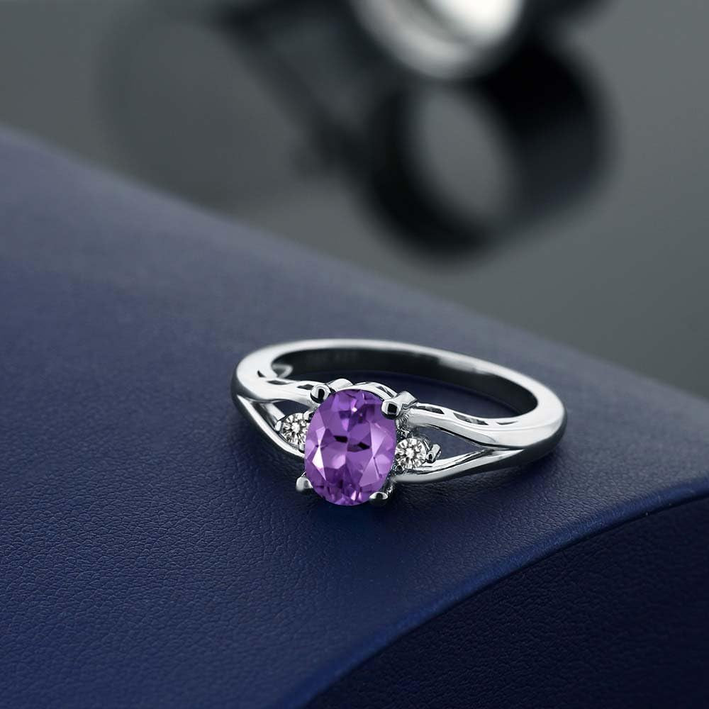 925 Sterling Silver Purple Amethyst and White Diamond 3 Stone Engagement Ring for Women | 1.16 Cttw | Oval 8X6MM | round 2MM | Gemstone February Birthstone | Available in Size 5,6,7,8,9