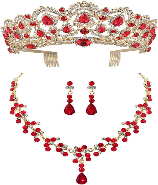 Wedding Tiaras and Earrings Set, Tiara and Necklace Set, Wedding Bridal Flower Jewelry Set Baroque Tiara Crystal Crown with Comb Retro Rhinestone Necklace Earrings Bridesmaids Queen Costume for Prom Party