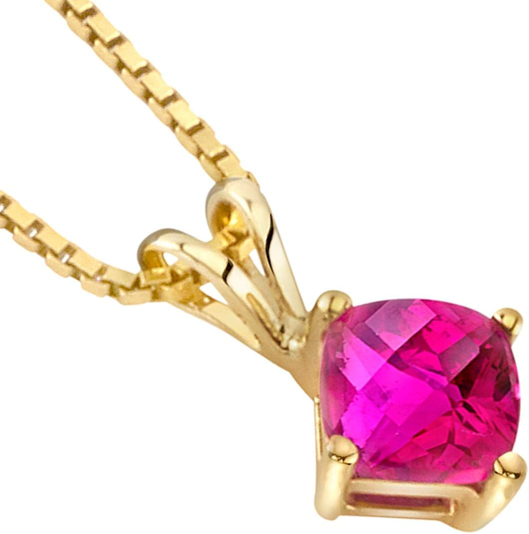 Solid 14K Yellow Gold Created Red Ruby Pendant for Women, Classic Solitaire, Cushion Cut, 6Mm, 1 Carat Total