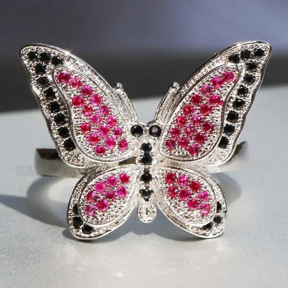 Silver Natural Gemstones Ring Ruby & Black Sapphire Wedding Ring Birthstone Bride Engagement Square Brand Crown Cross Butterfly Ring Jewelry Size 6 7 8 9 10