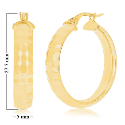 Italian 14K Yellow Gold Polished Hammered Flat Medium Hoop Earrings