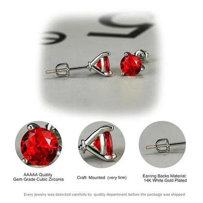18K Gold Three-Prong Martini Round Ruby Stud Earrings Bride Wedding Engagement Jewelry Gifts 7mm/8mm