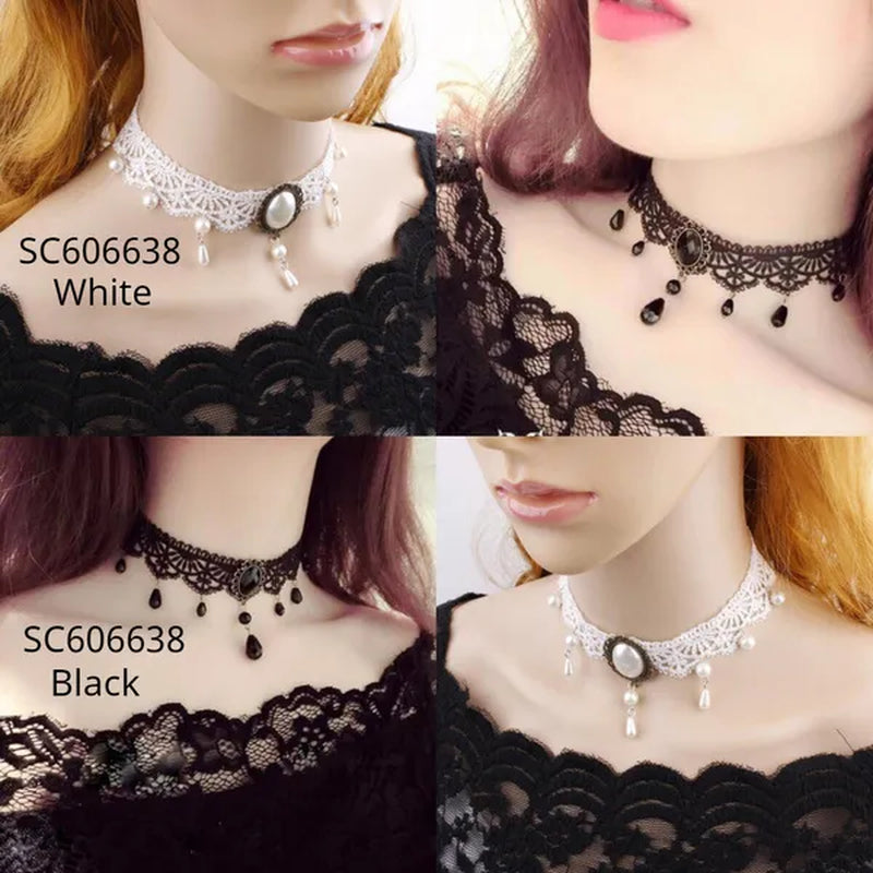 White Lace Necklace Chokers Black Collares Vintage Style Female Gothic Wedding Red Rose Crystal Diamond Pendant Collarbone Necklaces Chain Accessories for Women Girls - WORLD TIME VISITS