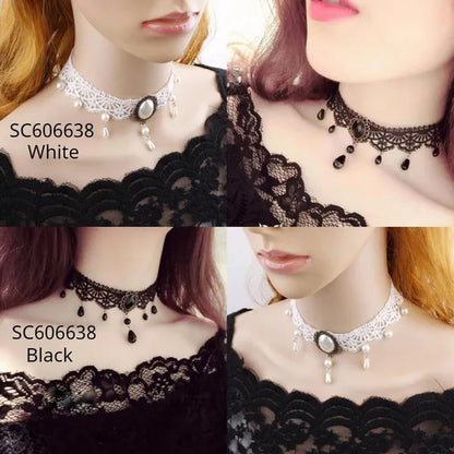 White Lace Necklace Chokers Black Collares Vintage Style Female Gothic Wedding Red Rose Crystal Diamond Pendant Collarbone Necklaces Chain Accessories for Women Girls - WORLD TIME VISITS