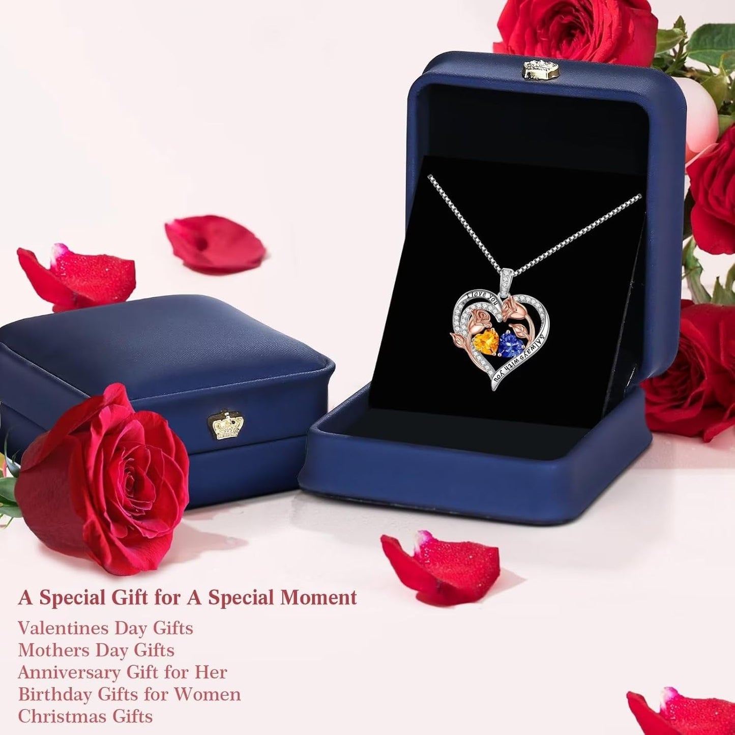 Birthstone Necklace for Women - 925 Sterling Silver Rose Heart Birthstone Necklace Birthday Gifts for Women Anniversary Jewelry Gifts for Her Wife Mom Daughter