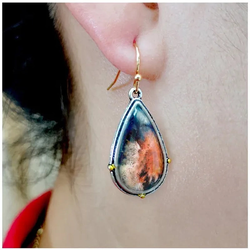 1 Pair Antique 925 Sterling Silver Pendant Earrings Natural Gemstone Inlay Dangle Earrings Bridal Engagement Wedding Anniversary Gift Bohemian Style Earrings