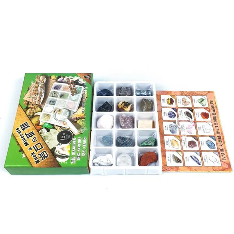 15 Types Rock Minerals Gift Box Smokey Quartz Kyanite Apatite Sodalite Selentite