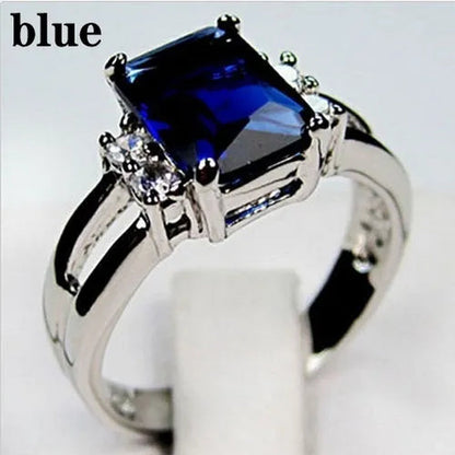 Women 925 Silver Plated Black Sapphire / Amethyst / Ruby Wedding Engagement Ring Size 6 7 8 9 10 (Choice Color and Size)