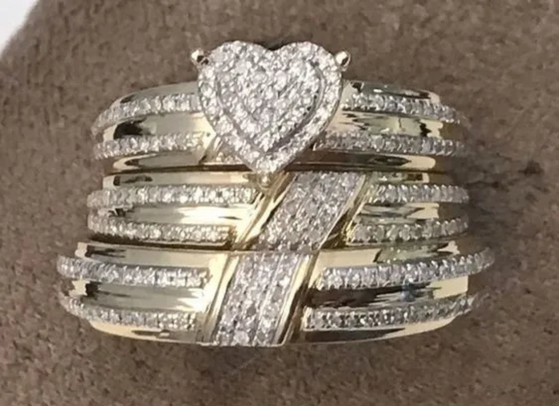 3Pcs/Set US European Latest Brand Design Creative Jewelry Natural Heart White Sapphire Ring Set Romantic Bride Engagement Wedding Ring Set Commitment Ring Anniversary Party Ring Boutique Luxury Christmas Mother'S Day Gift Jewelry Size US5-11