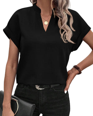 Womens Summer Tops 2025 V Neck Short Sleeve Tshirt Loose Flowy Tunics Solid Color Dressy Casual Blouse Shirts