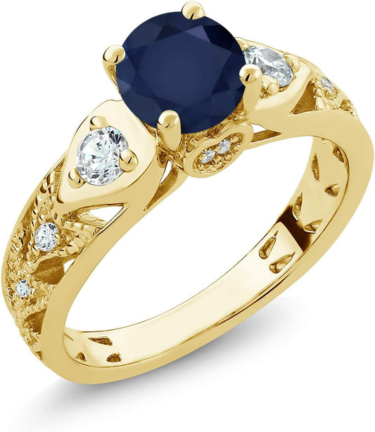 Blue Sapphire 18K Yellow Gold Plated Silver Women'S Ring (2.26 Ct Round, Available 5,6,7,8,9)