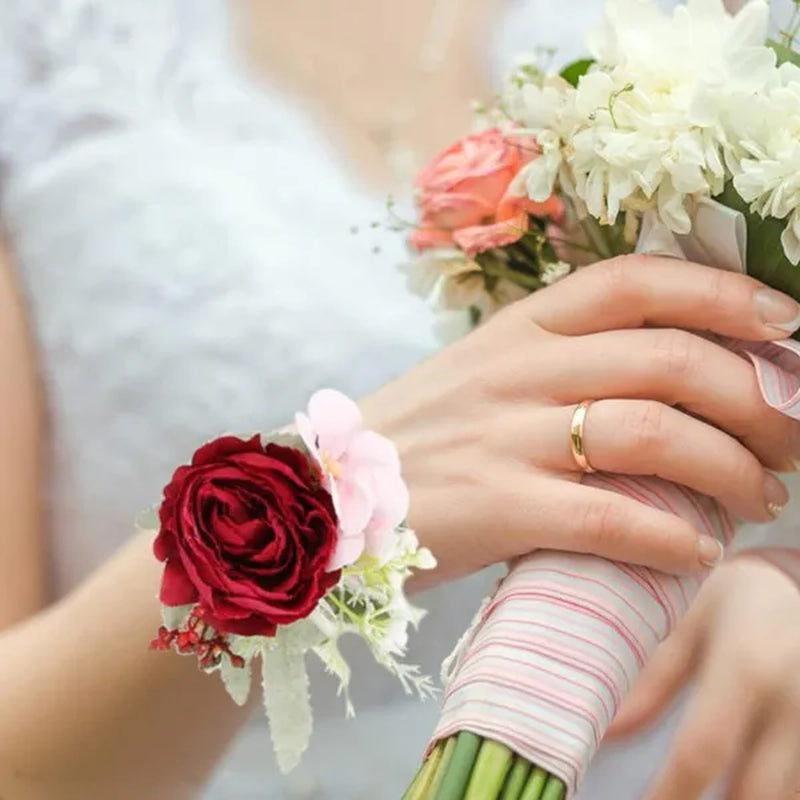4Pcs Peony Wrist Corsages Bride Wristlet Band Bracelet Men Boutonnieres Set for Wedding Flowers Mother of Bride and Groom, Party Prom Flowers
