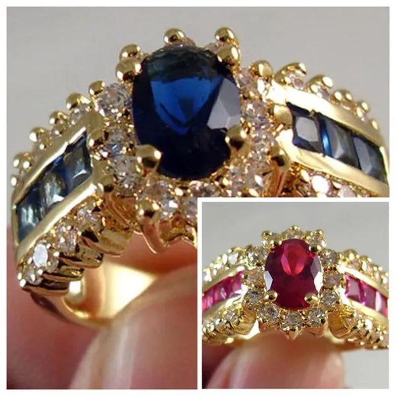 HOT Brand  Fashion Oval Cut Blue Sapphire&Red Ruby Wedding Ring 18k White Gold Jewlry for Women