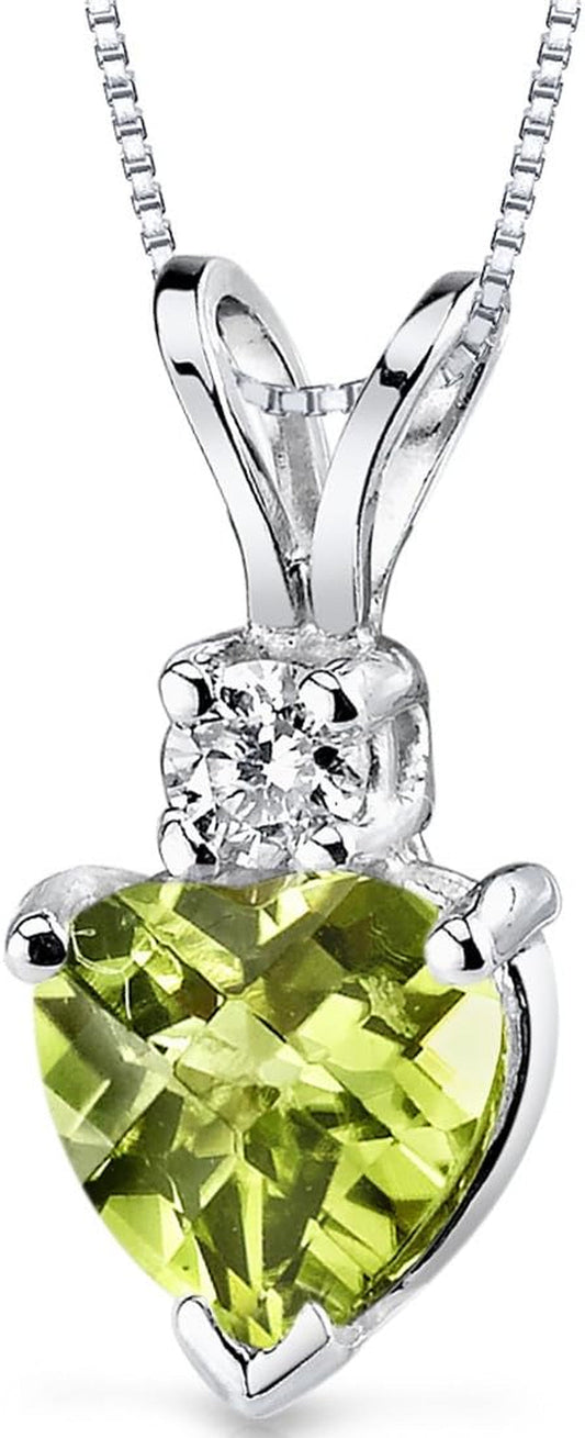 14K White Gold Peridot and Diamond Pendant for Women, Genuine Gemstone Birthstone, Heart Shape Solitaire, 6Mm, 1 Carat Total