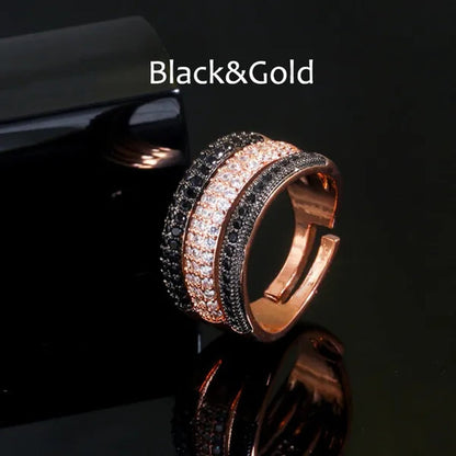 CANDICE New Arrival Trendy Cubic Zircon 3 Row Round Adjustable Open Cuff Ring for Female Cocktail Personality Finger Jewelry