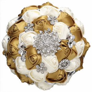 20CM Satin Ribbon Rhinestone Simulation Flowers Bridal Bouquet Handmade Diamond Brooch Wedding Bouquet Bridesmaid Holding Flowers