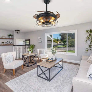 36 Inch Ceiling Fan with Light Industrial Ceiling Fan Retractable Blades Vintage Cage Chandelier Fan with Remote Control