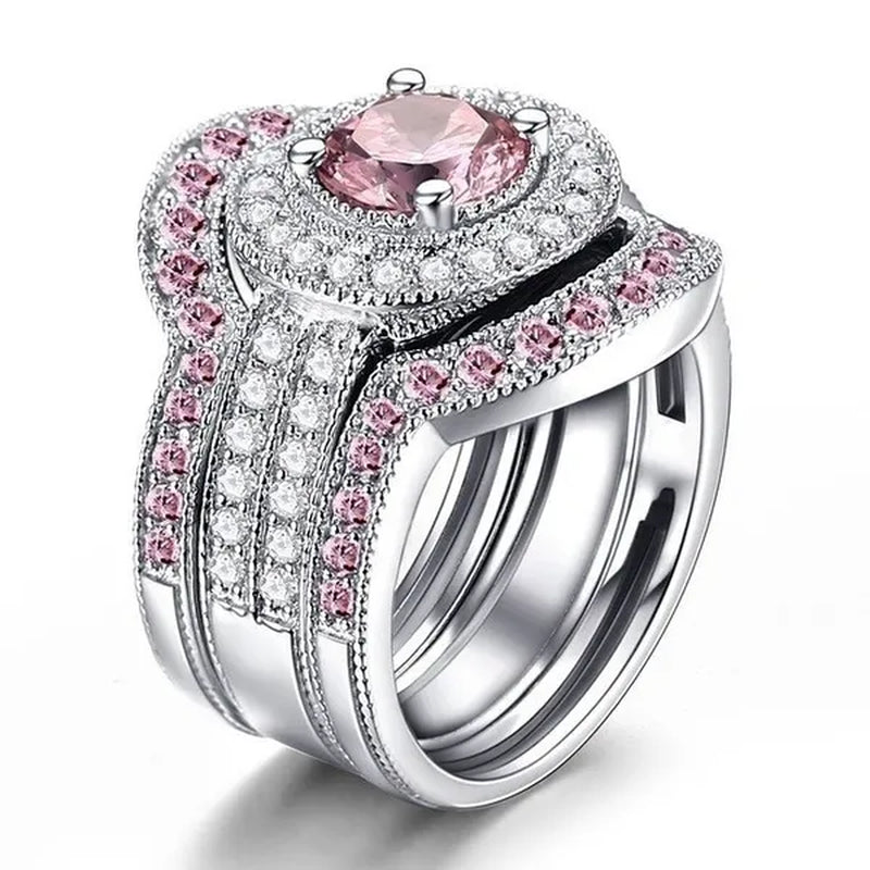3pcs/set Top Quality 925 Sterling Silver Round Cut 8.8CT Pink & White Topaz Bridal Engagement Wedding Ring Sets