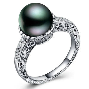 Silver Black Pearl & White Topaz Engagement Ring Jewelry