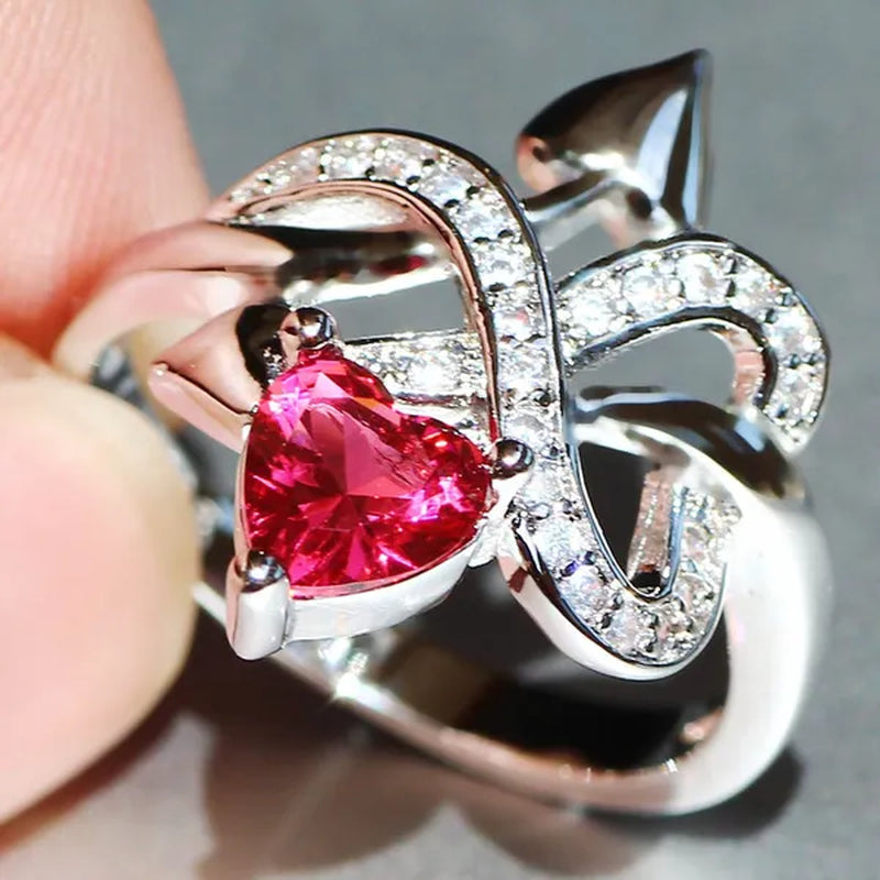Eros Ring  Silver Natural Gemstones White Sapphire & Ruby Wedding Birthstone Bride Engagement Multilevel Heart Cross Ring Jewelry Size 6 7 8 9 10