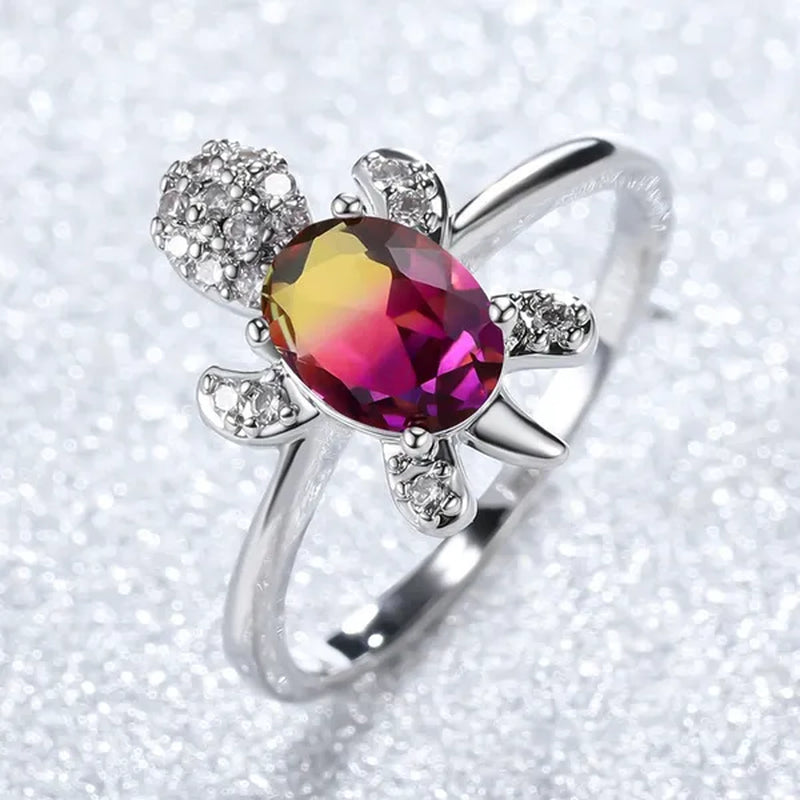 Rainbow Stone Turtle Rings Cute Animal Sea Turtle Ring White Sapphire Diamond Ring Ocean Style Turtle Aquamarine Crystals Rings for Women and Men Birthday Party Anniversary Gift Wedding Engagement Ring Jewelry 14 Colors Size 5-11