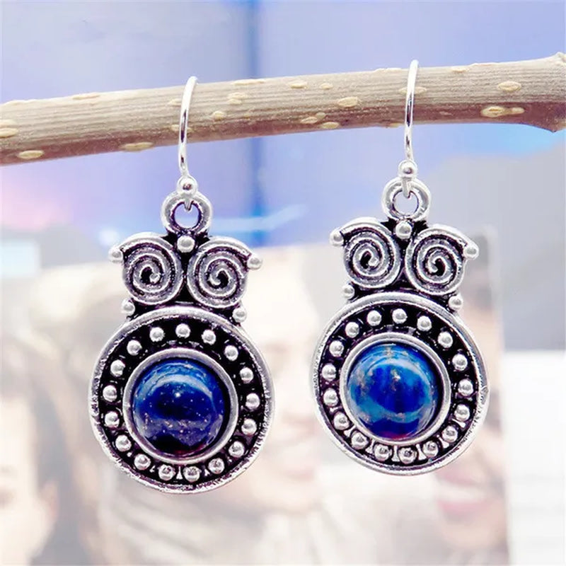 Retro Tibetan Silver Natural Ruby Sapphire Inlay Owl Ear Hook Dangle Earrings Gift for Women - WORLD TIME VISITS