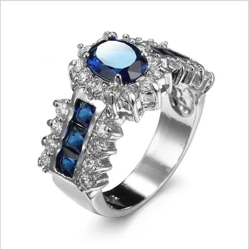 HOT Brand  Fashion Oval Cut Blue Sapphire&Red Ruby Wedding Ring 18k White Gold Jewlry for Women