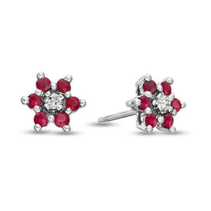 0.58 Ct. Natural Heated Ruby and Diamond Flower Cluster Earring in 14K Gold