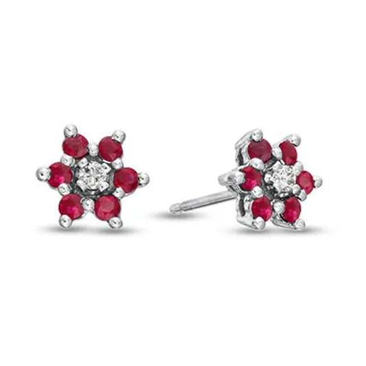 0.58 Ct. Natural Heated Ruby and Diamond Flower Cluster Earring in 14K Gold