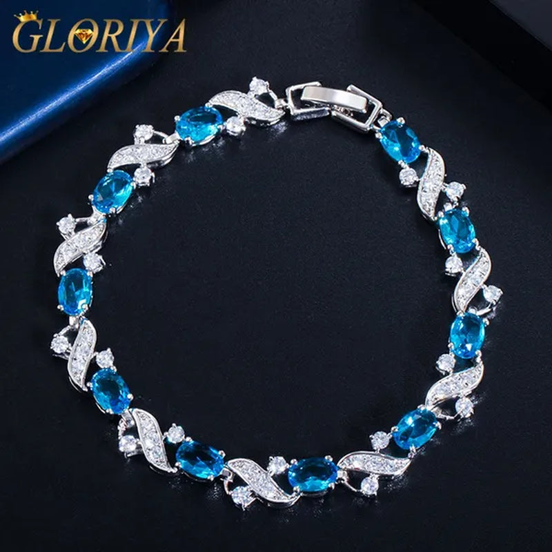 Gloriya Delicate Design Sky Blue Charm Oval Stone Tennis Bracelet Bangle for Women Fashion CZ Silver Plated Elegant Jewelry