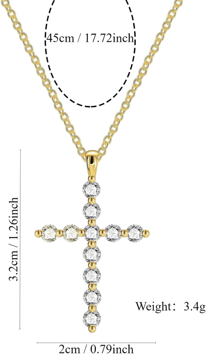 Gold Plated Cross Pendant Necklace, Cross Necklace with Cubic Zirconia, Tarnish-Resistant Cross Pendant Necklace 17 Inches Chain for Women & Men