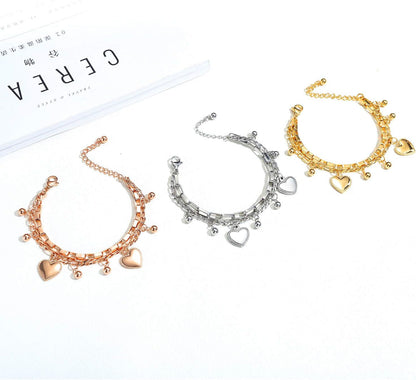 Fashion Stainless Steel Double Layer Chain Bracelet Love Heart-Shaped Charm Bracelet for Women