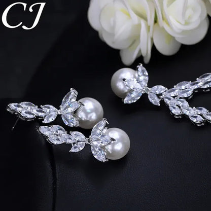 CANDICE Elegant Bridal Accessories AAA Cubic Zirconia with round White Pearl Pendant Necklace Earrings Wedding Jewelry Sets for Women