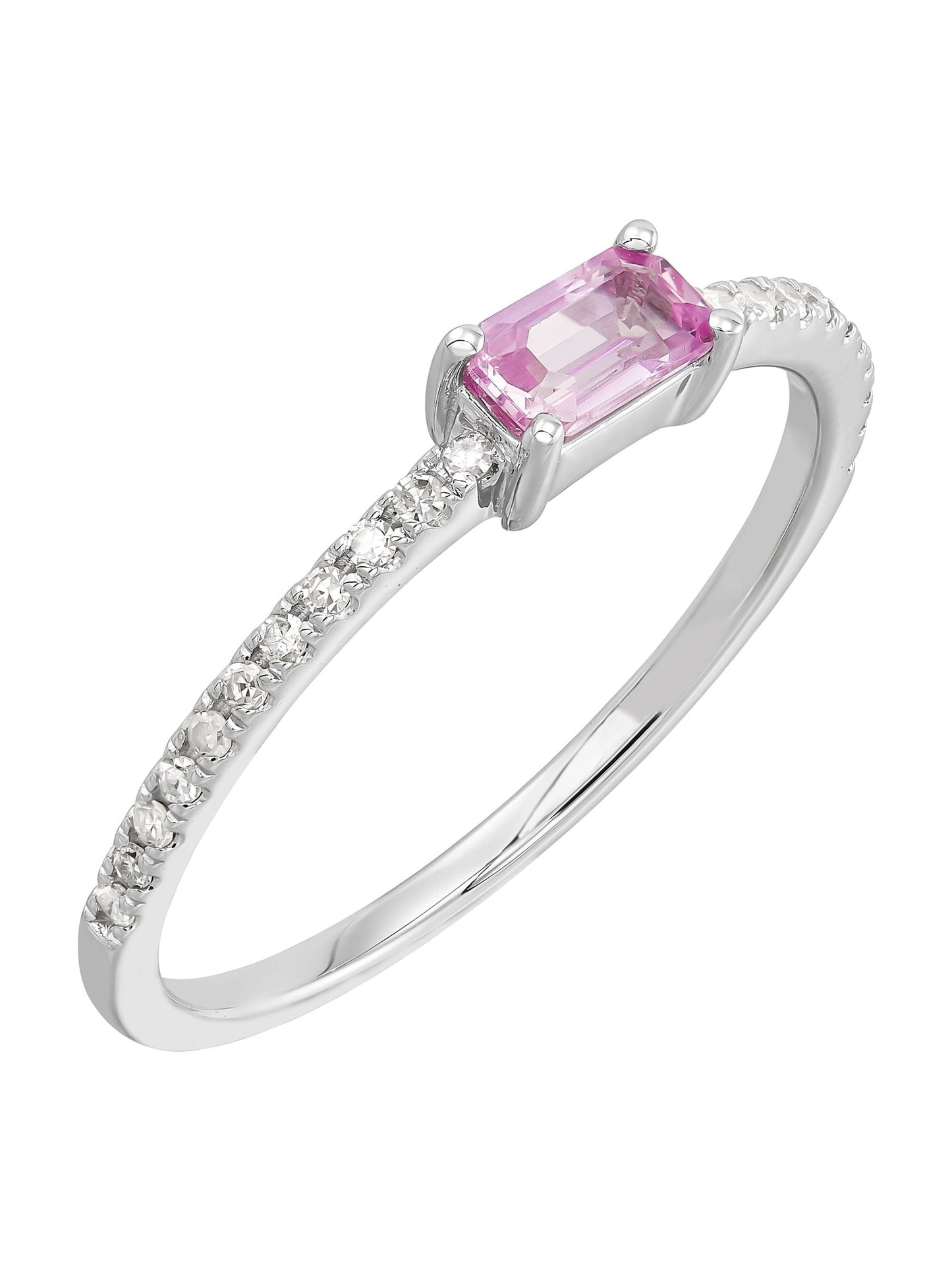 Women'S  Natural Emerald-Cut Pink Sapphire Ring with 1/10 Ct Diamonds in 14Kt Gold
