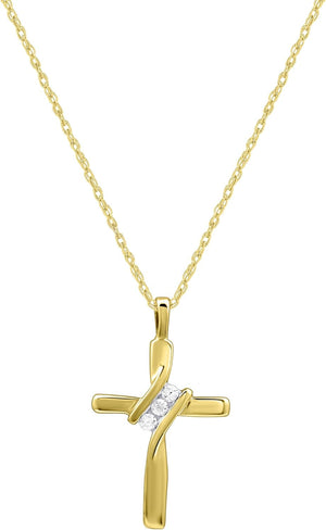 Small 14KT Yellow Gold Plated & Sterling Silver Natural Round-Cut Diamond Accent 3 Stone Cross Pendant with an 18 Inch Chain