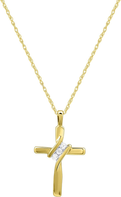 Small 14KT Yellow Gold Plated & Sterling Silver Natural Round-Cut Diamond Accent 3 Stone Cross Pendant with an 18 Inch Chain