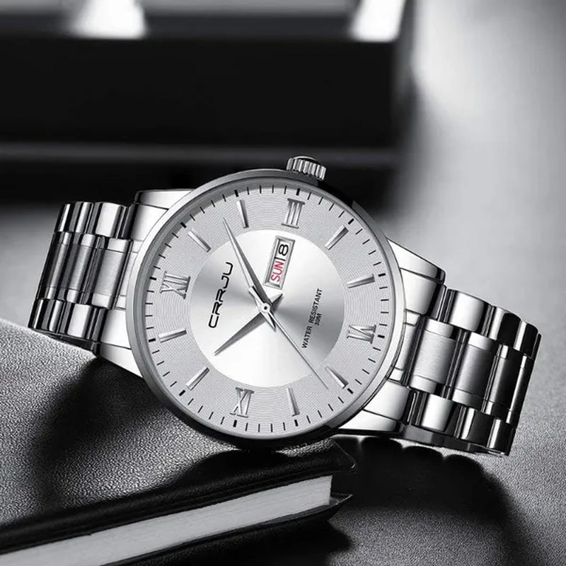 CRRJU Men's Minimalist Leisure Luxury Automatic Dating Watch Fashion Business Japanese Movement Quartz Waterproof Watch Men's Silver Stainless Steel Watch Band