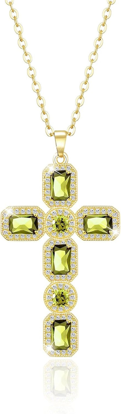 Cross Necklace for Women, Gold/Silver Jewelry Cross Charm Chain Necklaces, Moissanite Crystal Birthstone Cubic Zirconia Rhinestone Necklace, Religious Gifts