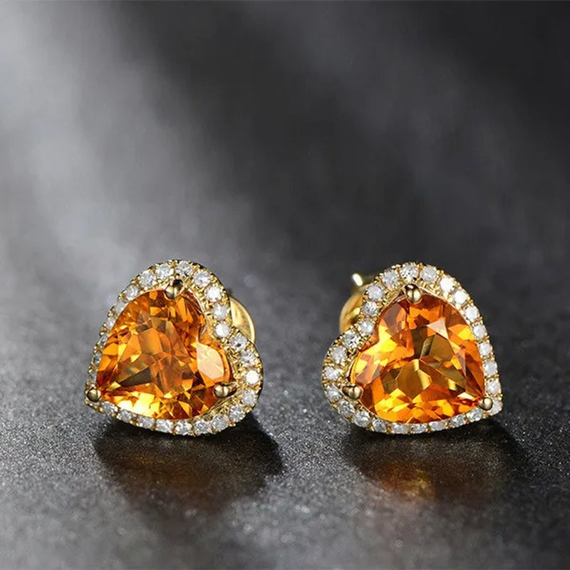 Romantic 18k Golden Plated Copper Setting Heart Shape Citrine  Jewelry Set Love Shape Pendant Necklace Heart Micro Inlaid Cubic Zirconia Stud Earrings Butterfly Open-End Ring Flower Bracelets for Women Gifts