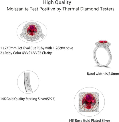 Ruby Rings Engagement Ring for Women 2Ct Oval Cut Created Ruby/Cut Moissanite, Milgrain Floral Double Halo Wedding Ring Moissanite Accents 14K Gold QUALITY Sterling Silver