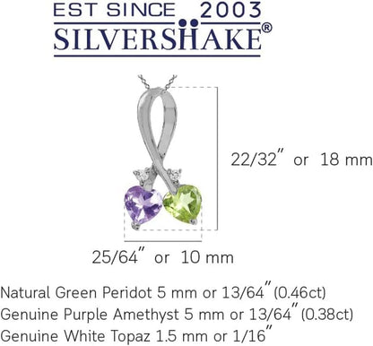 5MM Heart Shape Gemstone 925 Sterling Silver Twin Heart Ribbon Pendant with 18 Inch Chain Necklace Family Birthstone Jewelry for Women