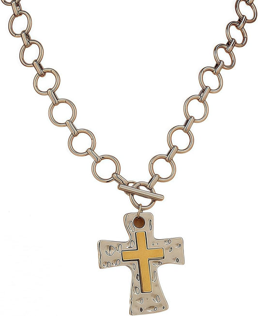 Gold Silver Chunky Cross Necklace for Women Men Layered Hammered Bold Vintage Toggle Clasp Religious Christian Statement Cross Pendant Choker Party Hallowmas Christmas Jewelry Gift