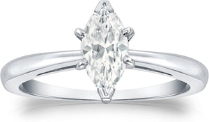 18K White Gold Marquise Diamond Ring V-End Prong (1/4 Cttw, H-I Color, I1-I2 Clarity), Size 4-9