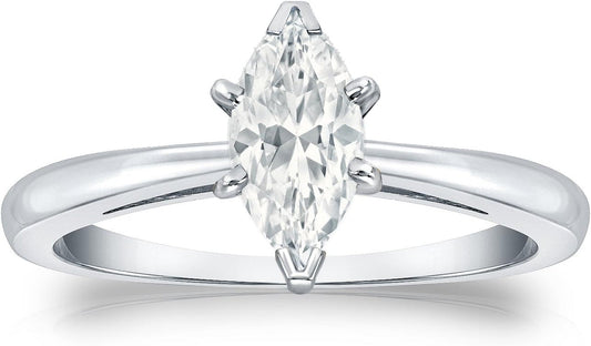 18K White Gold Marquise Diamond Ring V-End Prong (1/4 Cttw, H-I Color, I1-I2 Clarity), Size 4-9
