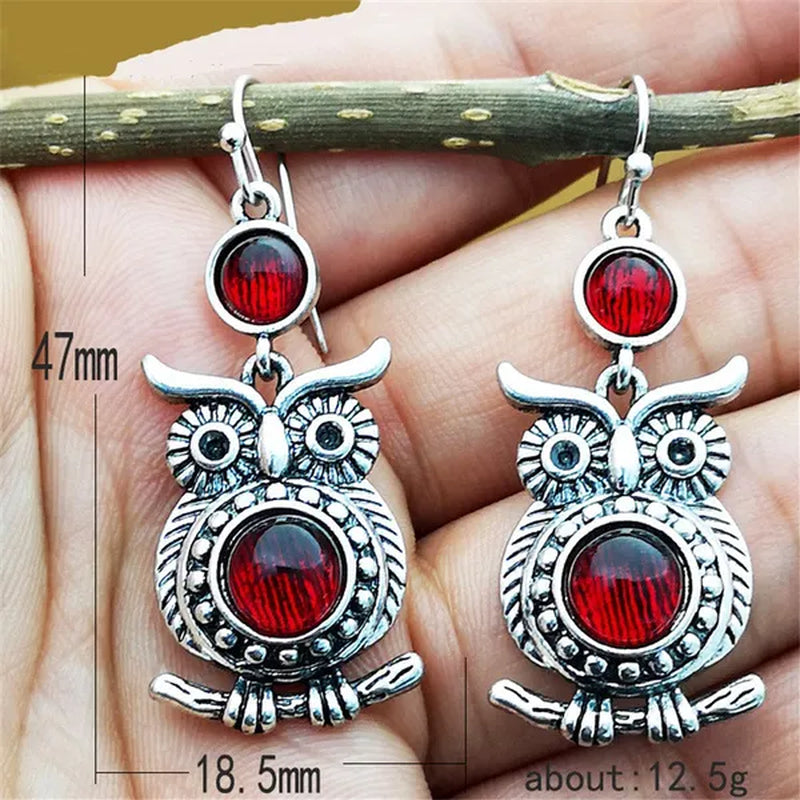Retro Tibetan Silver Natural Ruby Sapphire Inlay Owl Ear Hook Dangle Earrings Gift for Women - WORLD TIME VISITS