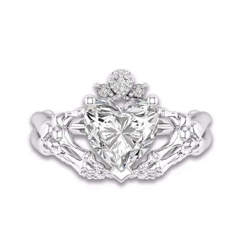 Claddagh White Sapphire Heart Punk Skeleton Hands Diamond Promise Proposal Engagement Wedding Band Rings Size 5 - 12