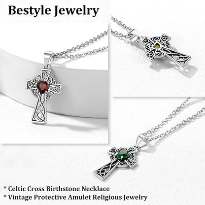 Silver Celtic Cross Necklace with 12 Month Heart Birthstone, Dainty Celtic Birthstone Necklace Silver Chain for Women Faith Irish Amulet Lucky Birthstone Jewelry