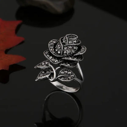 Retro Black Rose Flower Ring Marcasite Stones Paved Silver ring size 6 - 10