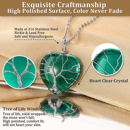 Tree of Life Wrapped Healing Crystal Necklaces 12 Month Birthstone Pendant for Women, Crescent/Heart Gemstone Jewelry, Vintage Birthday Gifts/Energy Gift