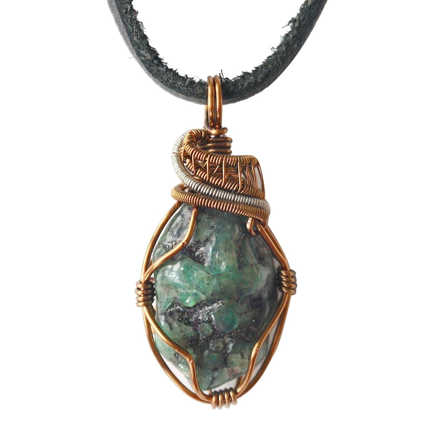 NEW  Handmade Emerald Necklace 24 Inch Black Leather Cord Antique Bronze, May Birthstone Jewelry, Handmade in North America